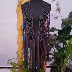 Black Macramé Fringe Wrap Scarf